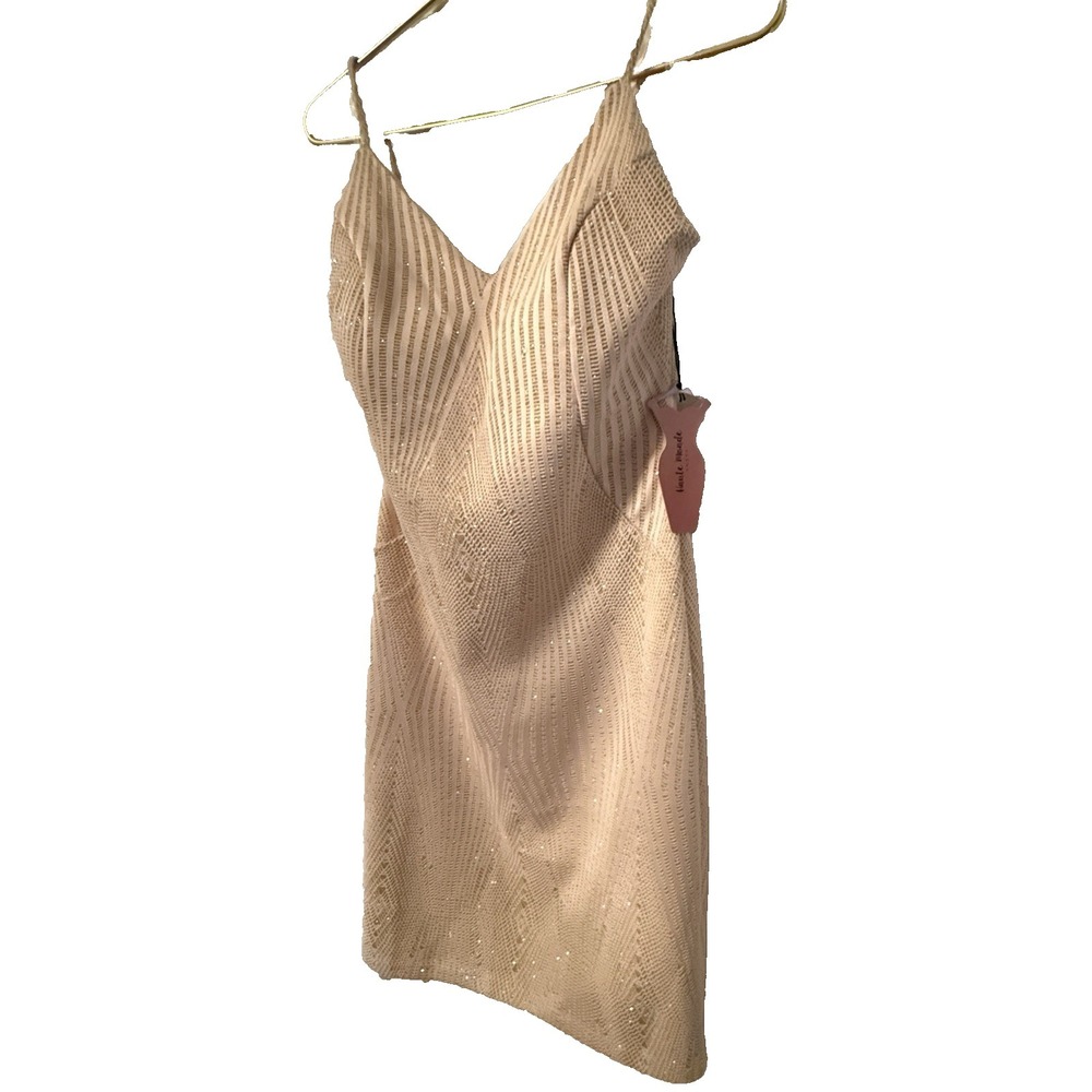NWT Haute Monde Geometric Nude Gold Metallic Bodycon Dress Size L Art Deco Style - Picture 4 of 16
